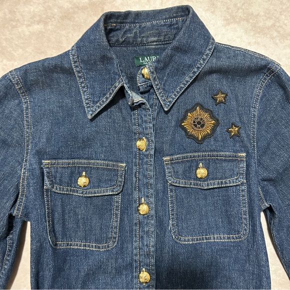 Lauren Ralph Lauren Dark Blue Wash Belted Denim Jacket Embroidered Patches 2 - Picture 3 of 9